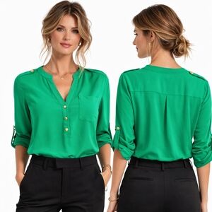 Nwt THE LIMITED Green Top Gold tone Buttons V-neck Blouse Career Wear